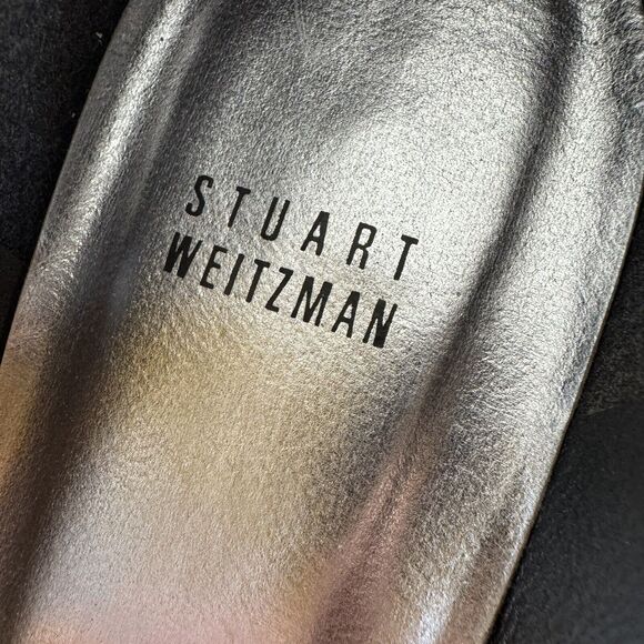 STUART WEITZMAN Women Sz 9.5 Black Satin Peep Toe Bow Stiletto Heels GIGIRITZ 3” - Picture 2 of 13